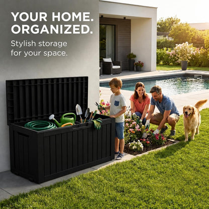 LAUSAINT HOME 320 Gallon Resin Deck Box, Package Delivery Box with Lockable Lid, Waterproof Outdoor Storage Box For Garden Tools, Patio Cushions(320 Gallon,Black)