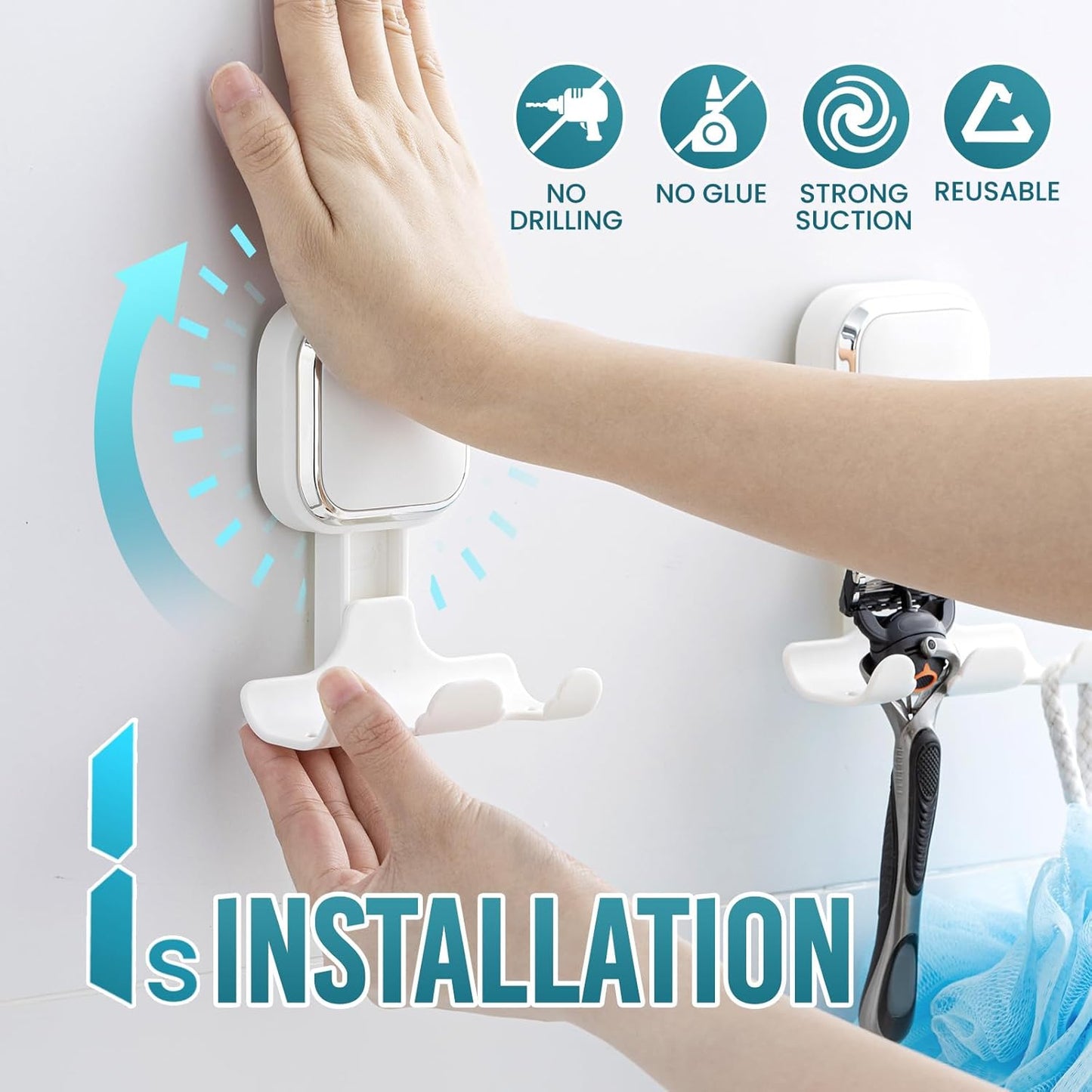 TAILI Suction Cup Razor Holder for Shower Wall 2 Pack, Versatile Suction Cup Hooks for Razor, Towel, Loofah, Squeegee, Cell Phone, Removable Damage-Free Hanging Shower Hook, Shaver Holder, Black