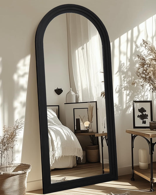 Full Length Mirror, 71"x32" Wooden Mirror Full Length with Stand Wood Floor Mirror, Oversized Stand Up Mirrors Large Wall Mirrors, Wall Mounted Mirrors, Arched Wood Style, Brown