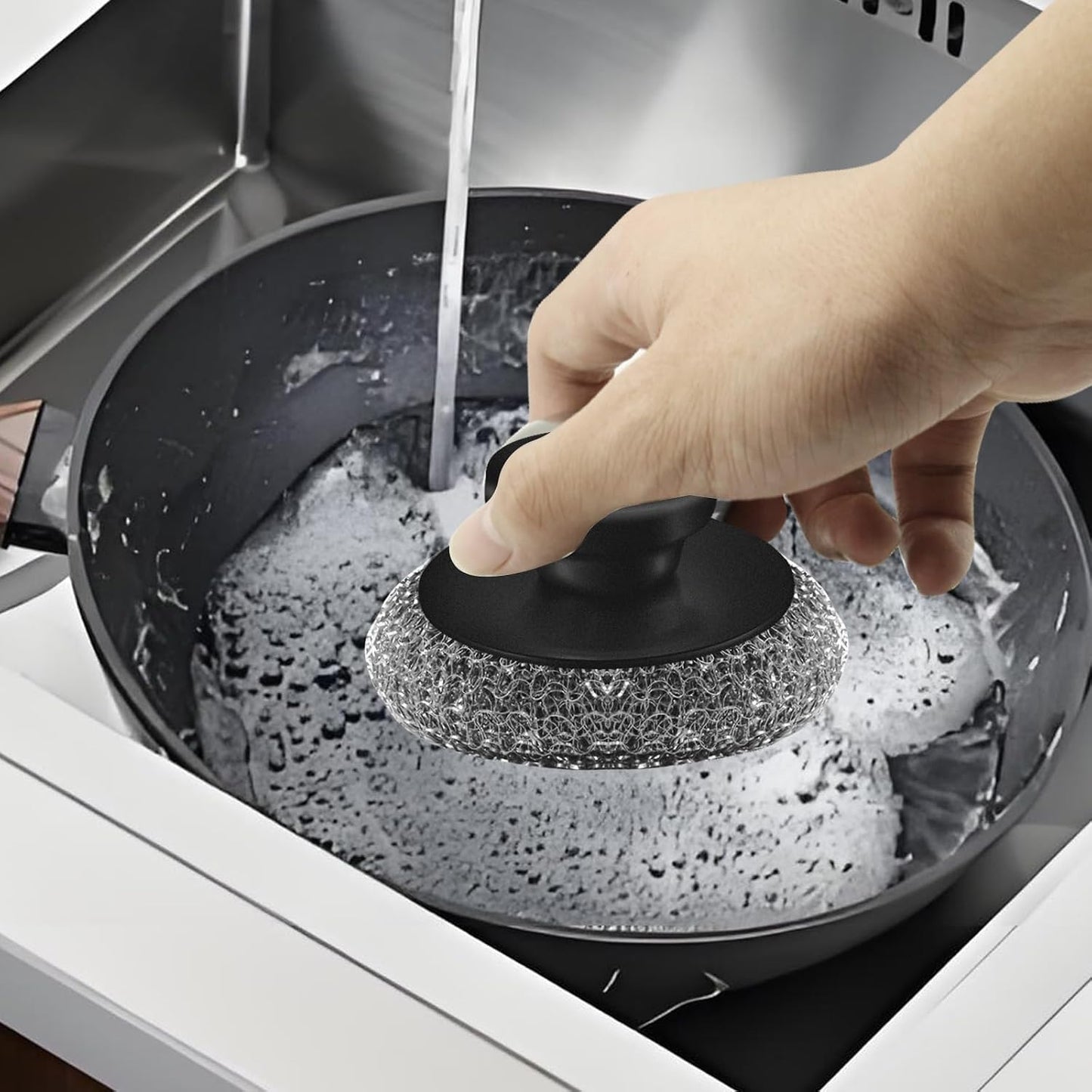Stainless Steel Wool Scrubber with 2 Replacement Pads - Clean Metal Pans, Pots, Grills & More