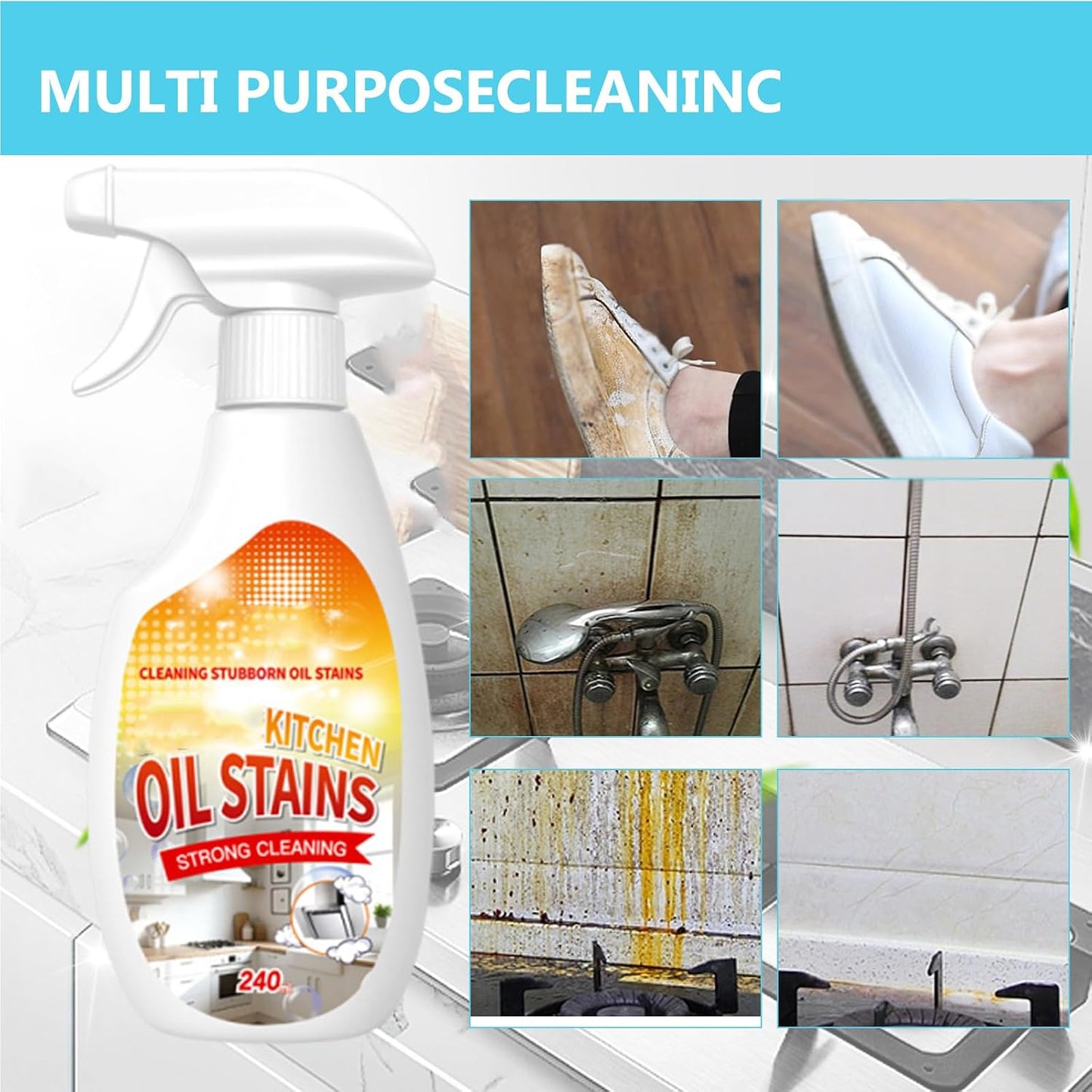 Clean Up Kitchen Oil Stains Spray, FIELL Oil Stains Clean Up Kitchen, Heavy Oils Stain Cleaner Kitchens, Degreaser Cleaning Heavy Duty, Multi Functiona Foam Cleaning Spray, 240ML/8.45OZ (2PC)