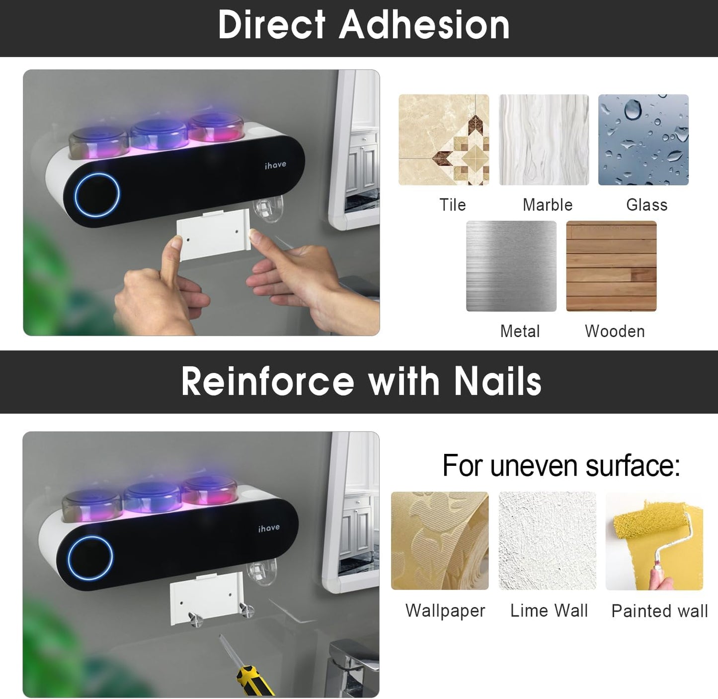 iHave Toothbrush Holders for Bathrooms, UV Toothbrush Sanitizer and Holder Smart Home Bathroom Accessories, 2 Cups Electric Toothbrush Holder Wall Mounted with Toothpaste Dispenser Bathroom Decor
