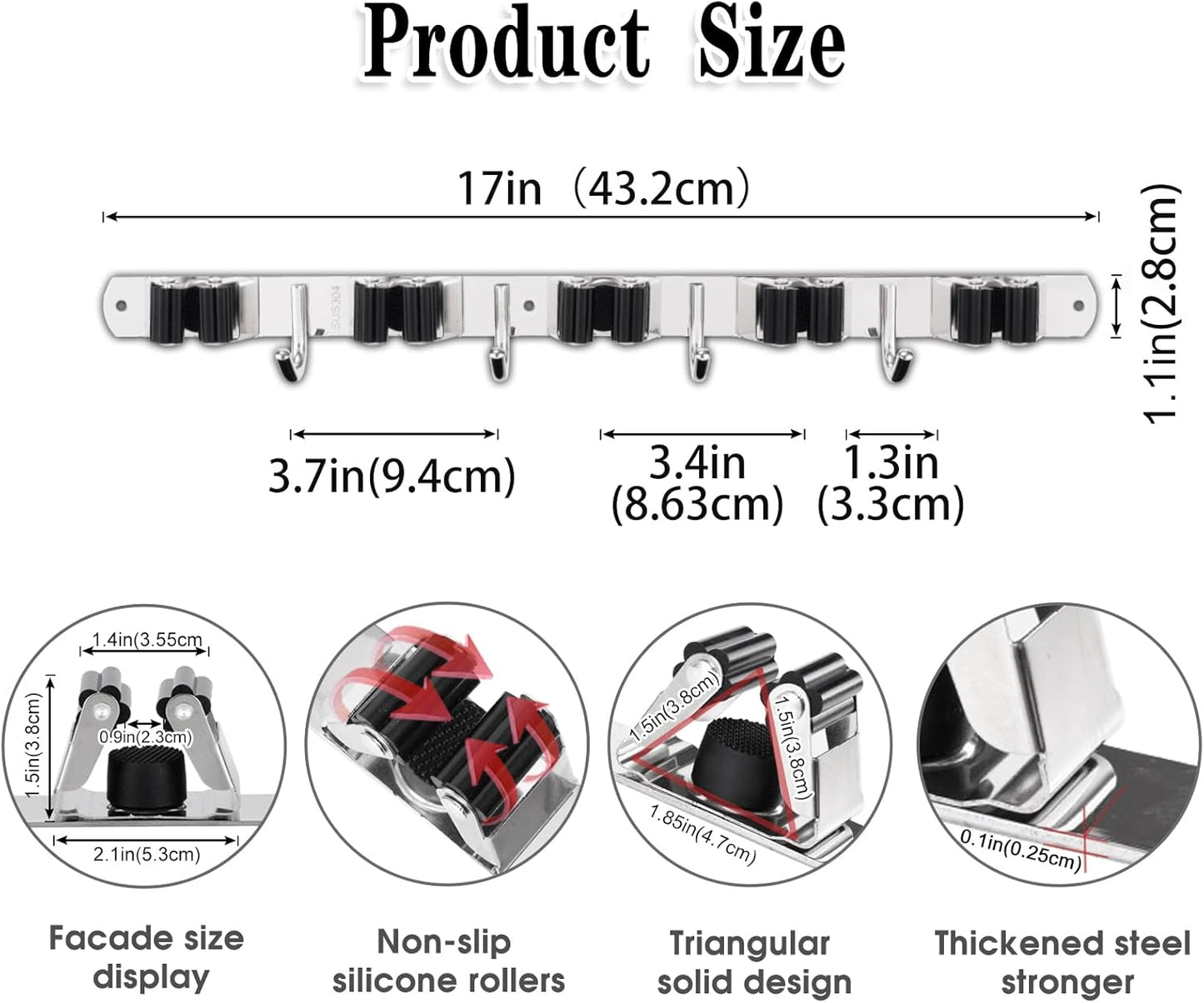 AceMining Broom Holder Wall Mount, 3 Racks 4 Hooks Heavy Duty Mop Organizer | Mop Holder Wall Mount and Broom Hanger for Garage, Laundry Room, Kitchen and Utility Storage