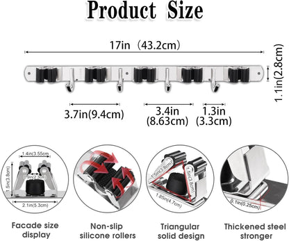 AceMining Broom Holder Wall Mount, 3 Racks 4 Hooks Heavy Duty Mop Organizer | Mop Holder Wall Mount and Broom Hanger for Garage, Laundry Room, Kitchen and Utility Storage