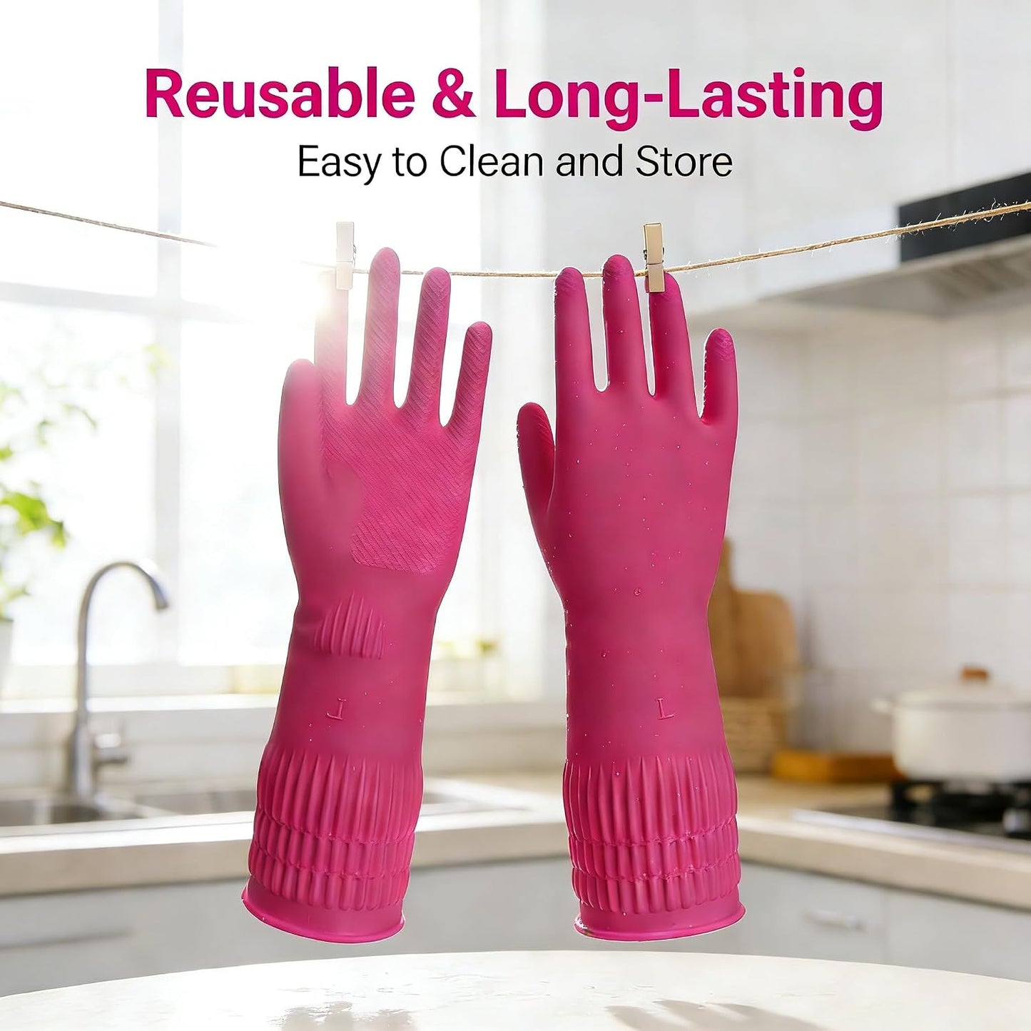 Long Cuff Rubber Cleaning Gloves for Household and Kitchen, Durable Dishwashing Gloves with Textured Grip, Medium Size Protection Reusable for Deep Cleaning, Mopping, and Car Detailing, Pink