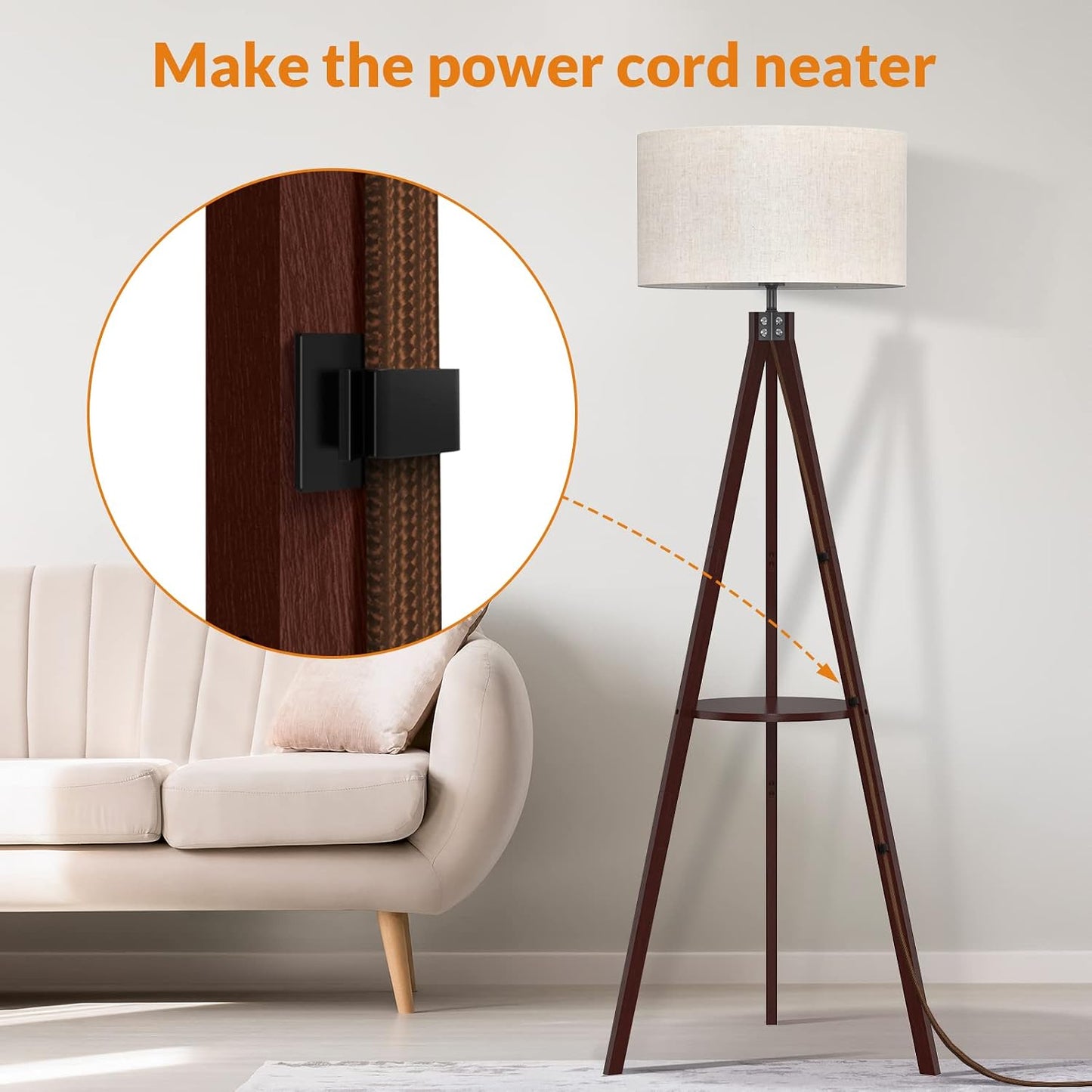 LEPOWER Tripod Floor Lamp, Mid Century Wood Standing Lamp, Modern Design Shelf Floor Lamp for Living Room, Bedroom, Office, Flaxen Linen Shade with E26 Base Brown