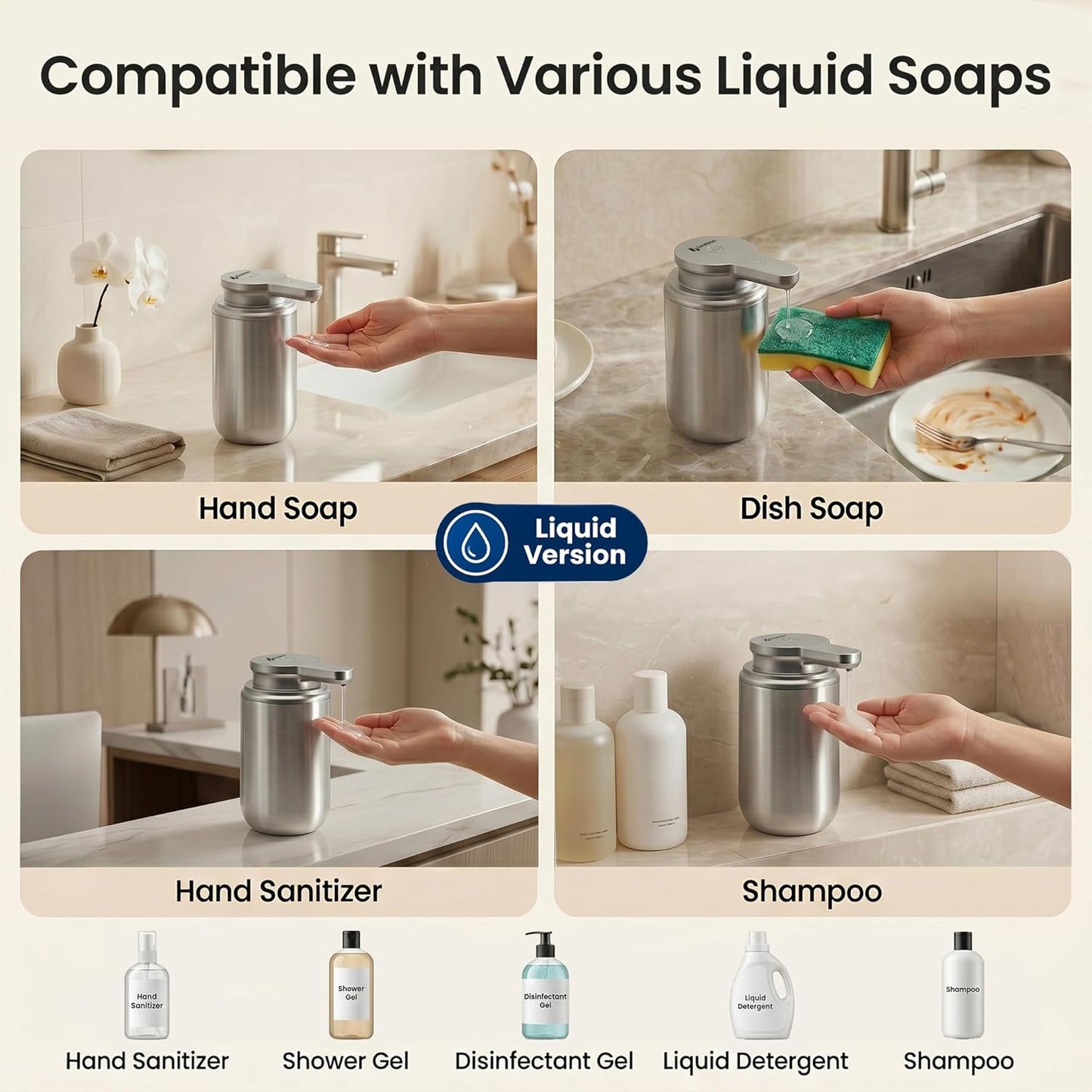 GentleJet WaveJet Automatic Foaming Soap Dispenser – Touchless Sensor, USB-C Rechargeable, 304 Stainless Steel, IPX5 Waterproof for Bathroom Kitchen Sink, 12 oz / 350 ml