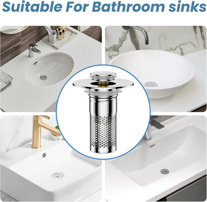 Bathroom Sink Drain Strainer for 1.1"-1.45" Basin Drain Holes(2 Pcs) | Pop Up Sink Drain Filter with Removable Stainless Steel Filter Basket Hair Catcher Plug