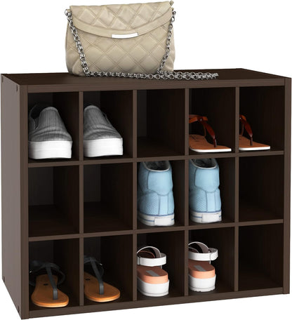 ClosetMaid 15 Cube Stackable Storage Organizer for Shoes, Bags, Crafts, Hobbies with Wood Shelves, for Closet, Entryway or Mudroom, Espresso