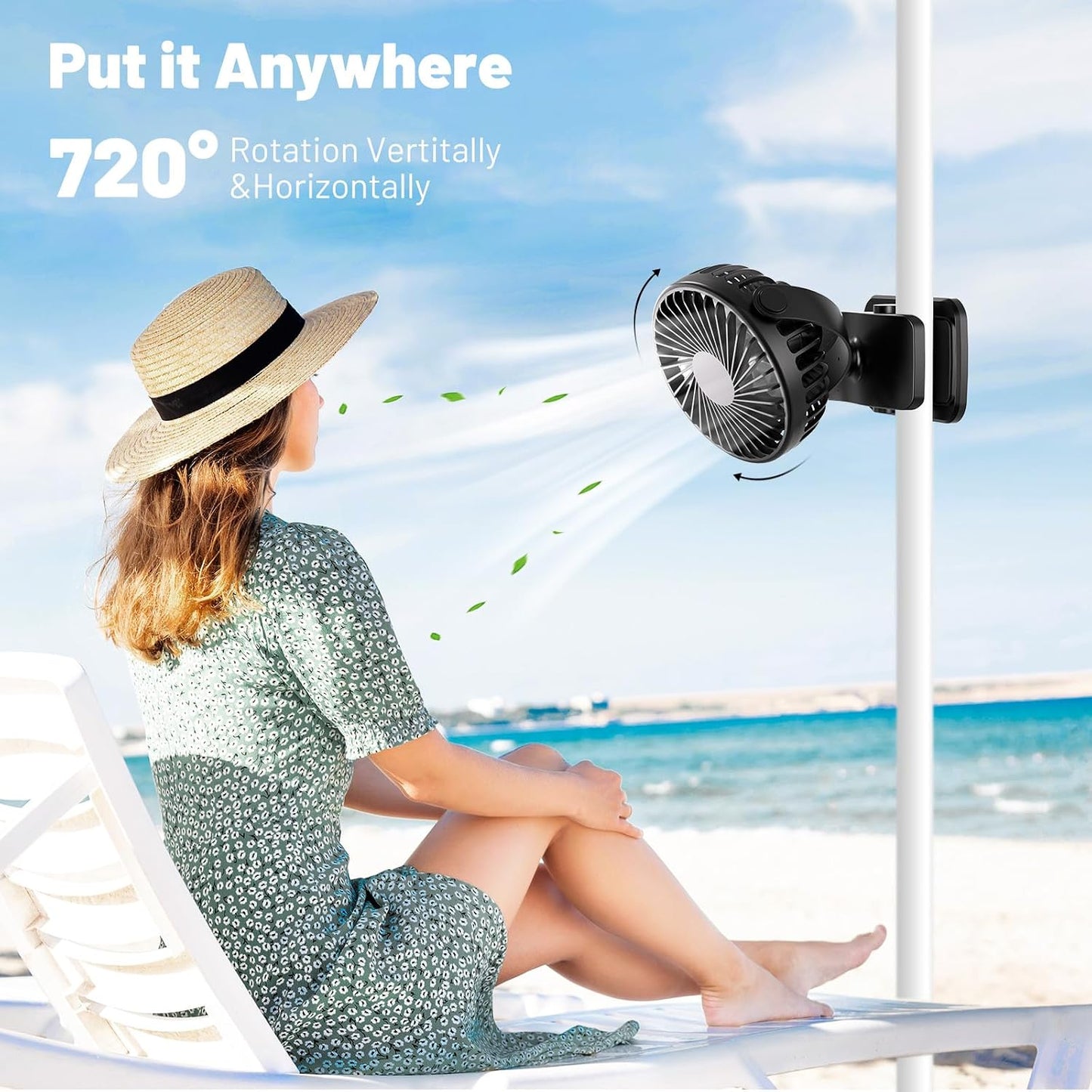 BDXXJ Portable Clip on Fan, 360° Rotate Battery Operated Stroller Fan, 3 Speed Quiet Mini Personal Table Fan, USB Rechargeable Clooing Fan for Outdoor Camping Golf Cart Stroller Home Office Black