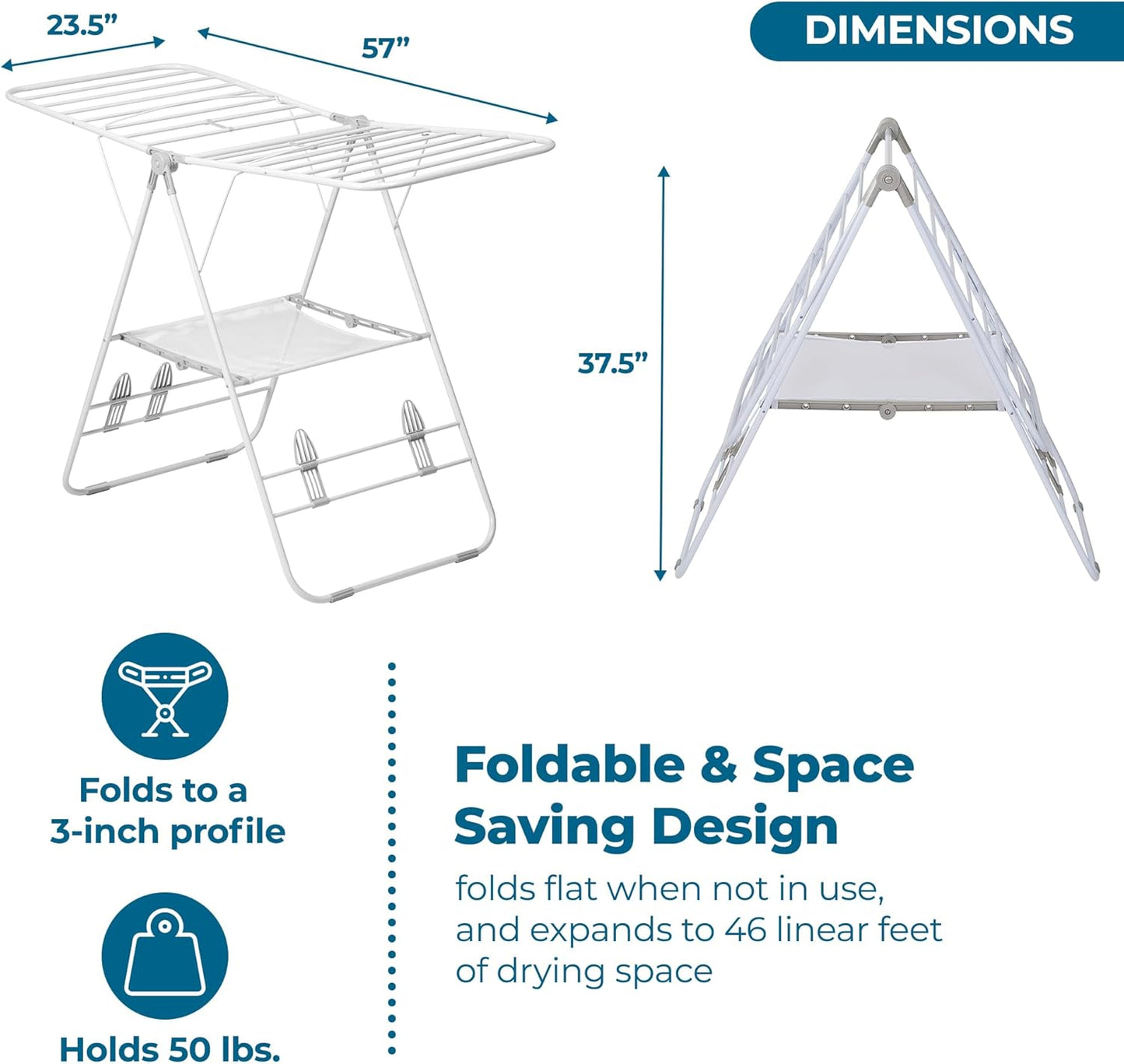 Honey-Can-Do Heavy-Duty Foldable Laundry Drying Rack – Portable Shoes & Clothes Rack for Indoor & Outdoor Use, Space-Saving Design, Easy to Fold Gullwing Design, Sturdy Metal, 50lb. Capacity, White