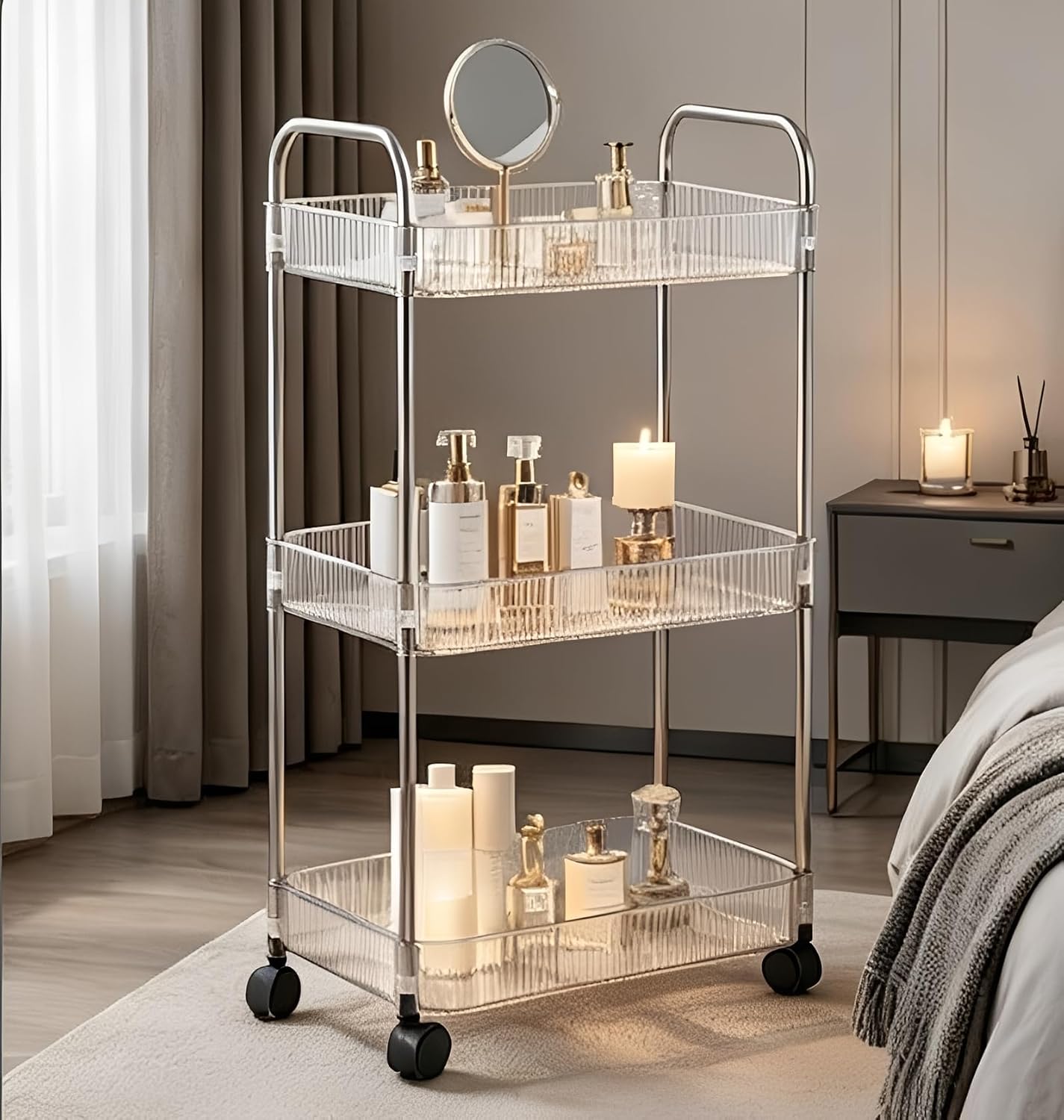 Sooyee 3 Tier Rolling Cart with Wheels, Slim Storage Cart, Under Desk Narrow Rolling Utility Cart Storage Organizer for Office Bathroom Kitchen Laundry Room Narrow Places, White, Plastic and Metal