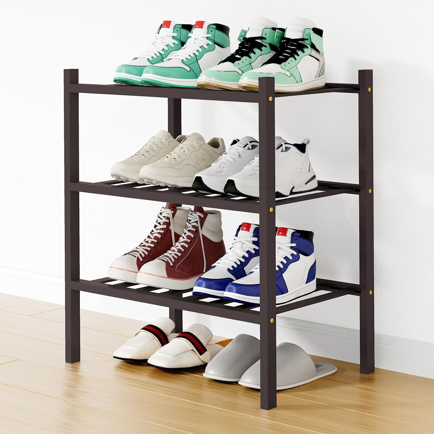 Smiry Bamboo Shoe Rack, 3 Tier Free Standing Wooden Shoe Organizer, Stackable Wood Shoe Storage Shelf for Closet, Entryway, 12 Vertical Slats, 2+1 Stack Standard Legs, 26.8"x11"x19.5", Natural