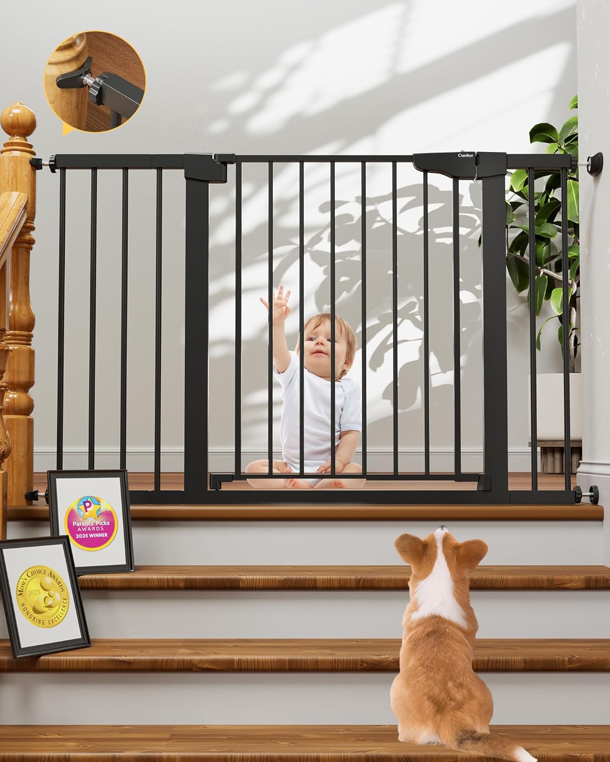 Cumbor 29.7-48" Baby Gate for Stairs, Mom's Choice Awards Winner-Dog Gate for Doorways, Auto Close Safety Pet Gate for Dogs Indoor, Easy Install Pressure Mounted Child Gate with Walk Thru Door, Brown