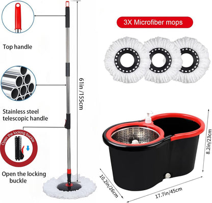 Spin Mop and Bucket with Wringer Set, 360° Spinning Mop Bucket System with 3 Microfiber Mop Replacement Heads, 61" Stainless Steel Extended Handle for Floor Cleaning Home Office