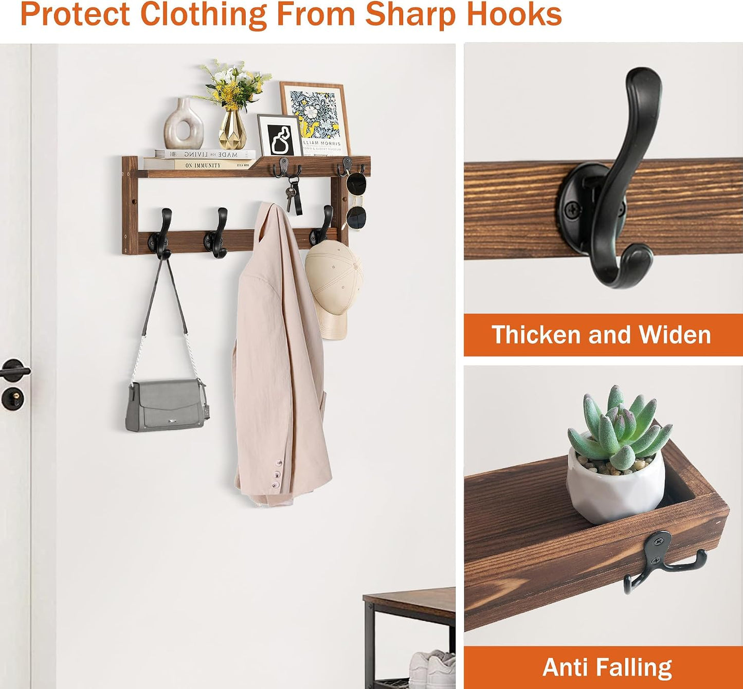 dreampossible Coat Rack Wall Mount with Shelf, Coat Hanger Wall Mount with Key Hooks and Mail Holder, Wood Entryway Floating Shelf with Hooks and Storage, Hat Rack for Wall Key Holder Mail Organizer