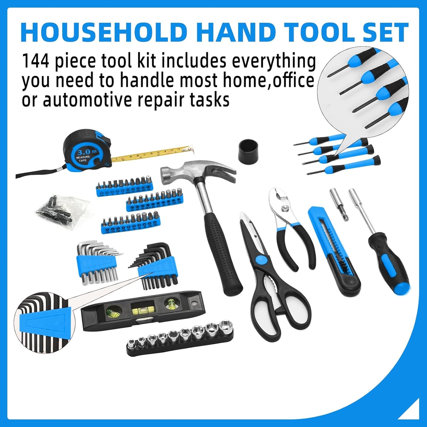 144-Piece General Household Hand Tool Kit with Plastic Toolbox Pink | Basic General Hand Tool Kit, Household Tool Set, for Home Repair, Office & College Dormitory Use, Daily Use for Women