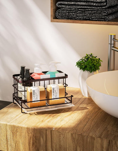 HapiRm Kitchen Sink Organizer, SUS304 Stainless Steel Rustproof Multifunctional Large Sink Caddy with Sponge Holder and Drain Tray for Kitchen Countertop (Silver)