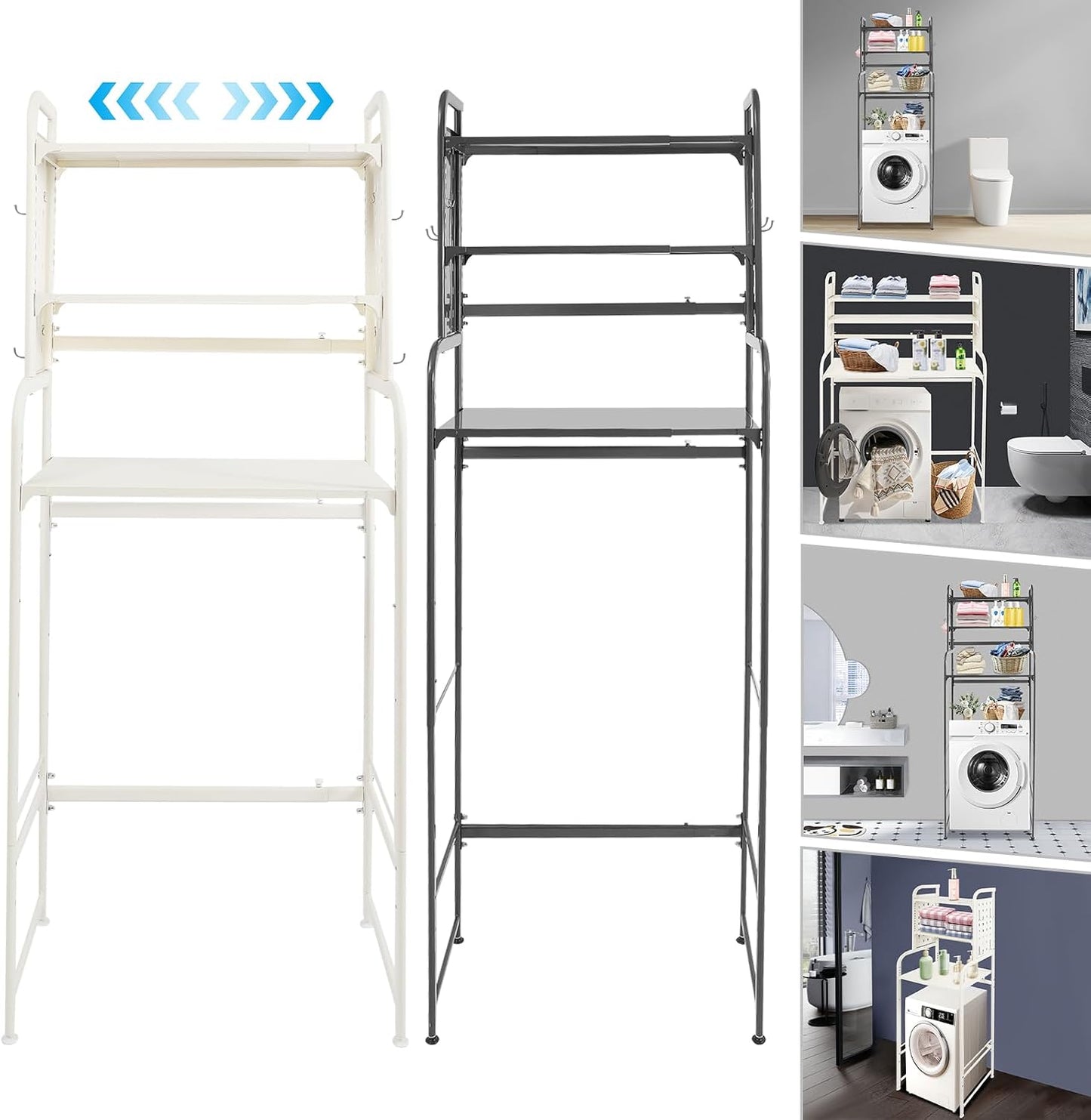 3-Tier Expandable Over Toilet Washing Machine Dryer Storage Utility Rack Bathroom Organizer Rack Laundry Room Storage and Organizer Standing Shelf Space Saving