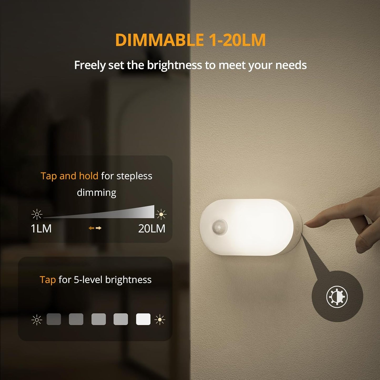 Lyridz Rechargeable Battery Night Light with Motion Sensor, Portable Mini Warm White LED Stick-on Closet Light, Adjustable Brightness for Bathroom, Bedroom, Kitchen, Cabinet, Stairs, Hallway, 2-Pack