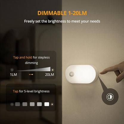 Lyridz Rechargeable Battery Night Light with Motion Sensor, Portable Mini Warm White LED Stick-on Closet Light, Adjustable Brightness for Bathroom, Bedroom, Kitchen, Cabinet, Stairs, Hallway, 2-Pack