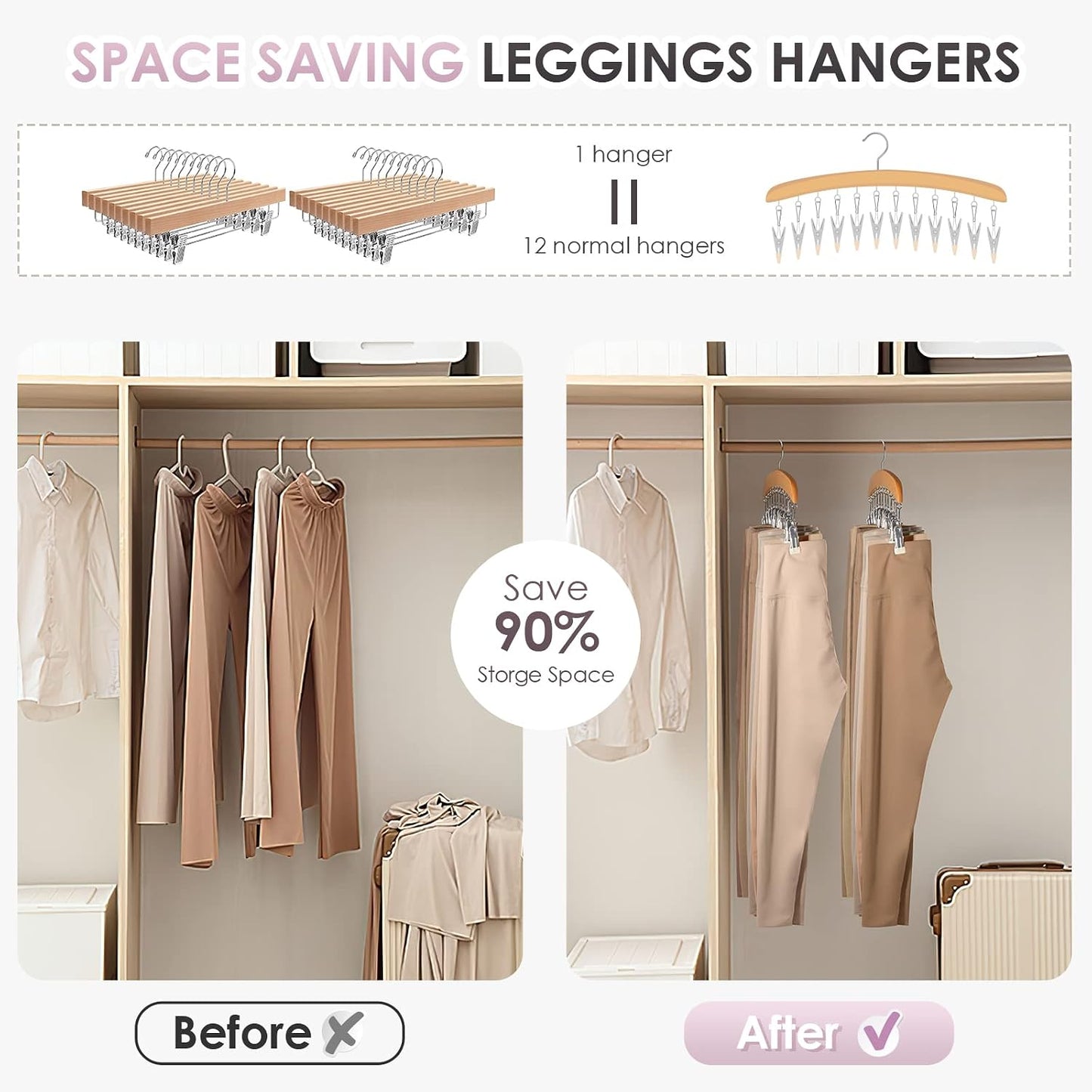 MEILIDY Wooden Leggings Hangers, Scarf Hangers for Closet, Black, 2 Pcs | 24 Clips, 360° Swivel Hook, Hanging Storage Organizer for Scarves, Pants, Hats, Skirts, Bras, Camisoles, Tank tops, Gloves