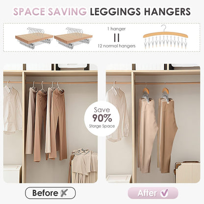 MEILIDY Wooden Leggings Hangers, Scarf Hangers for Closet, Black, 2 Pcs | 24 Clips, 360° Swivel Hook, Hanging Storage Organizer for Scarves, Pants, Hats, Skirts, Bras, Camisoles, Tank tops, Gloves