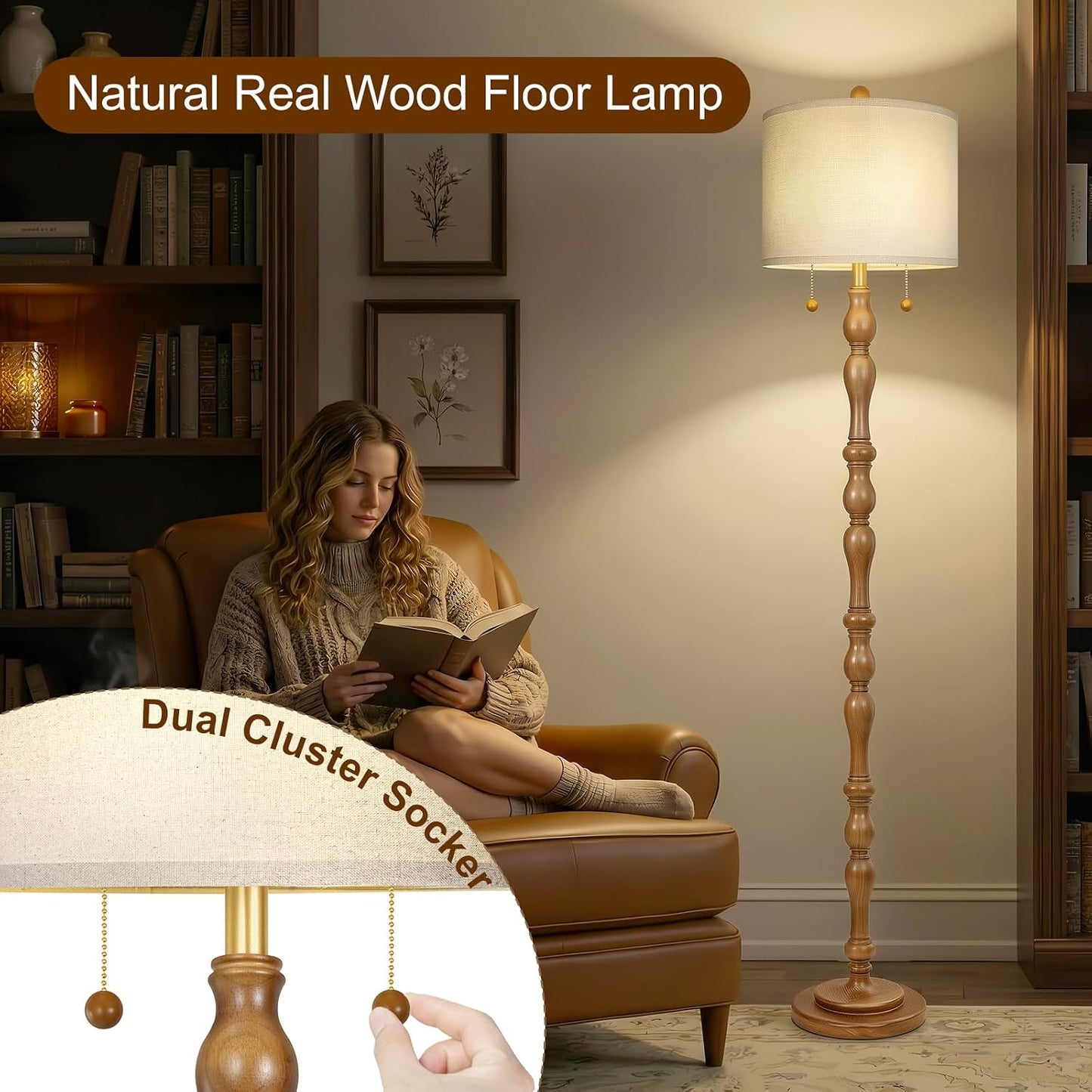 Scenekoy 65.5” Natural Real Wood Floor Lamp for Living Room Bedroom, Dual S Cluster Socket, Pull Chains Switch, Farmhouse Tall Standing Lamp with Linen Shade for Home Room Decor (Bulbs Included)