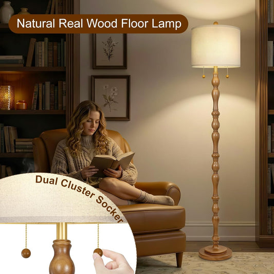 Scenekoy 65.5” Natural Real Wood Floor Lamp for Living Room Bedroom, Dual S Cluster Socket, Pull Chains Switch, Farmhouse Tall Standing Lamp with Linen Shade for Home Room Decor (Bulbs Included)