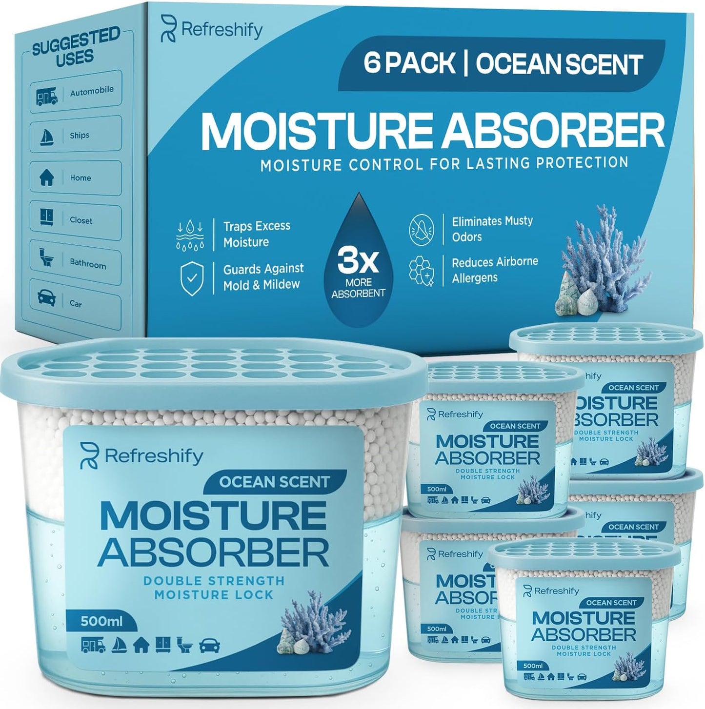 Premium Moisture Absorbers and Dehumidifier Tubs – High-Efficiency Closet Dehumidifier and Dehumidifier for Car, Odor Control Fragrance Free, 6 Pack, 7.5 Oz
