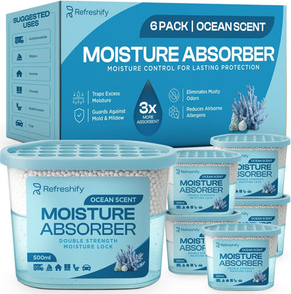 Premium Moisture Absorbers and Dehumidifier Tubs – High-Efficiency Closet Dehumidifier and Dehumidifier for Car, Odor Control Fragrance Free, 6 Pack, 7.5 Oz