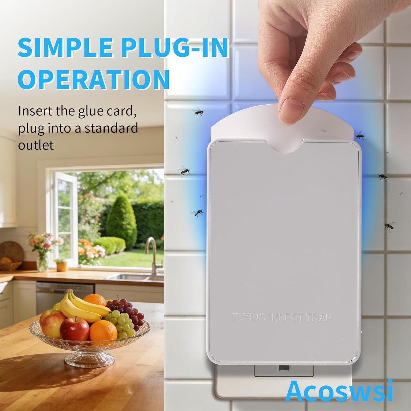 Indoor Fly Trap Plug in, Flying Insect Trap with Blue UV Light, Fruit Fly & Gnat Trap for Indoors, Mess-Free Bug Catcher for Home, 1 Device + 5 Refill Glue Cards