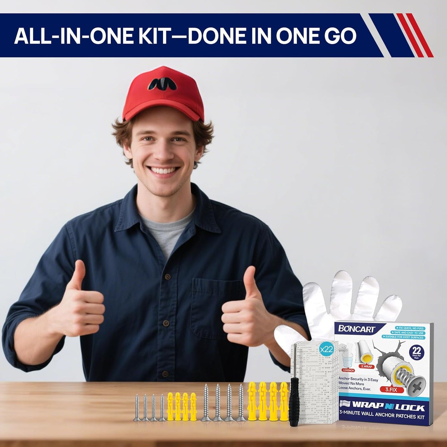 WRAPNLOCK Drywall Anchor Repair Kit - Fast Loose Anchor Fix (No Fill/Redrill) - 22 Patches + Screws/Anchors/Screwdriver/Gloves, Works for Home Fittings