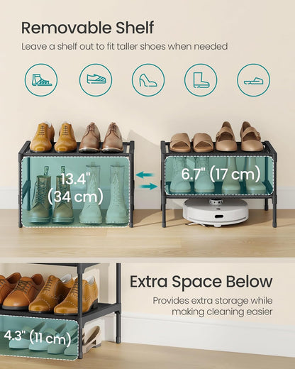 SONGMICS Shoe Rack, 2-Tier Shoe Storage Organizer, Space-Saving, 11.7 x 16.5 x 12.2 Inches, Entryway, Metal Frame, Non-Woven Fabric Shelves, Ink Black ULSH012BH01