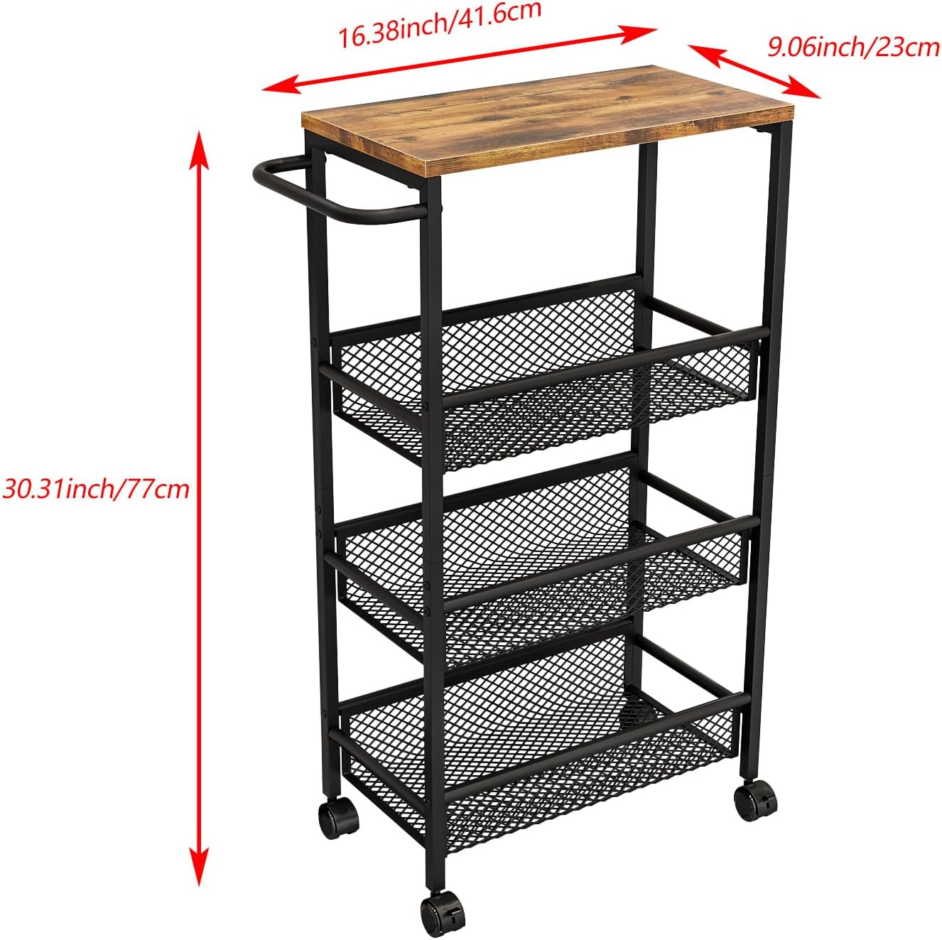AZERPIAN Slim Rolling Cart 4 Tier Narrow Storage Cart on Wheels with MDF Board Top and Metal Handle for Small Space Kitchen Living Room Home Office Pantry Bathroom Laundry Room(16.54×5.12×30.31 inch)
