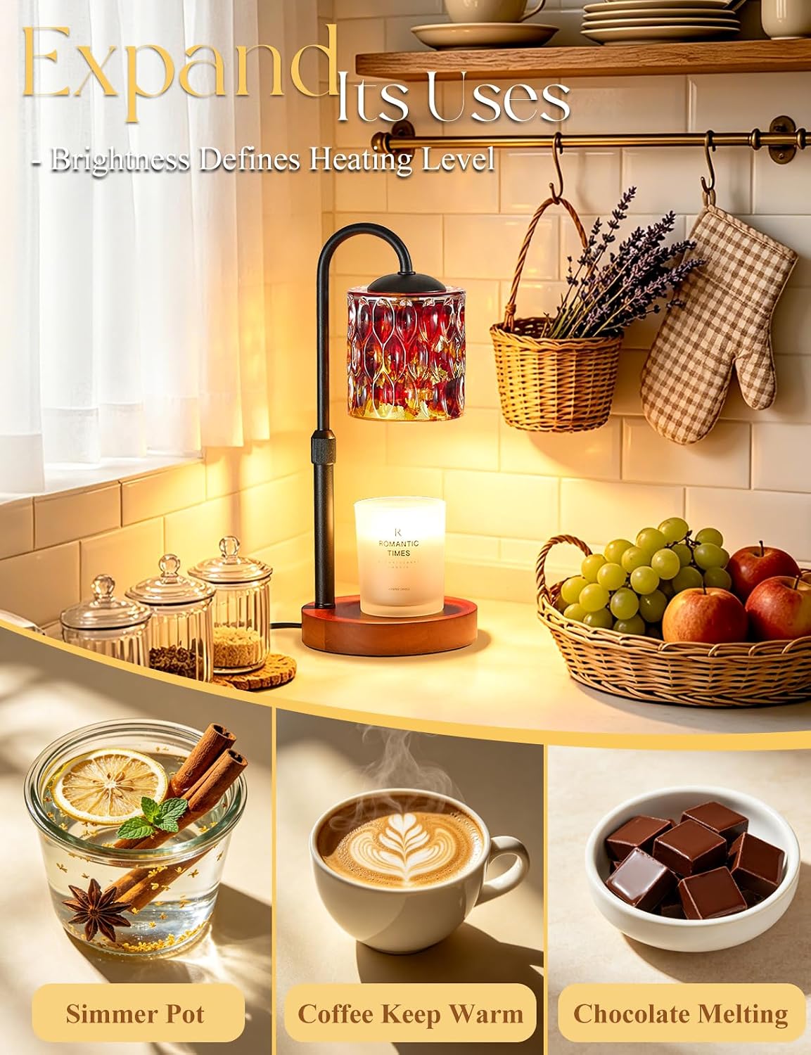Briever Dimmable Candle Warmer Lamp with Timer, Height Adjustable Electric Candle Wax Warmer, Christmas Birthday Gifts for Women Mom, House Warming Gifts New Home Room Decor, Walnut Solid Wood Base
