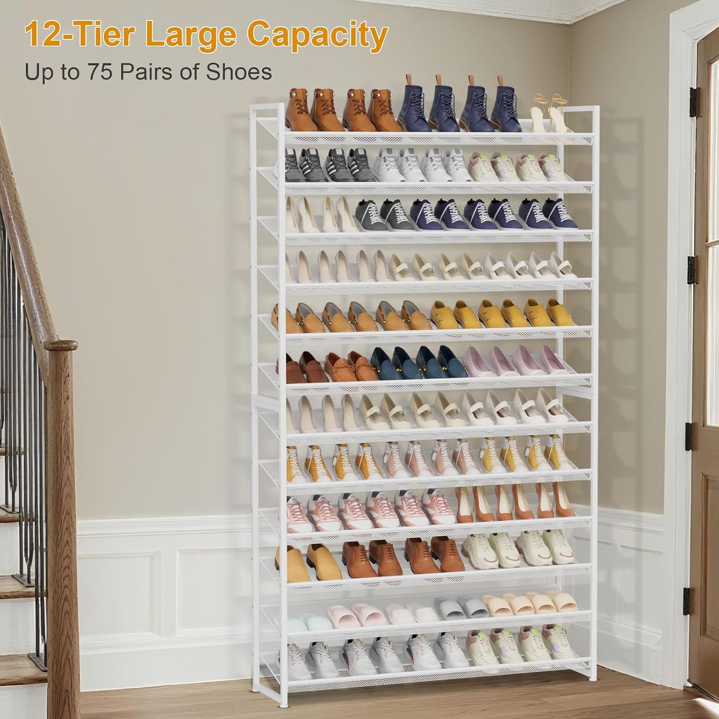 Large Shoe Rack 8 Tier Shoe Organizer, Heavy Duty Metal 4-Tier Stackable Shoe Storage Vertical Shoe Rack for Closet Front Door Entrance, Up to 50 Pairs, 44.8" W x 11.4" D x 56.7" H, Black