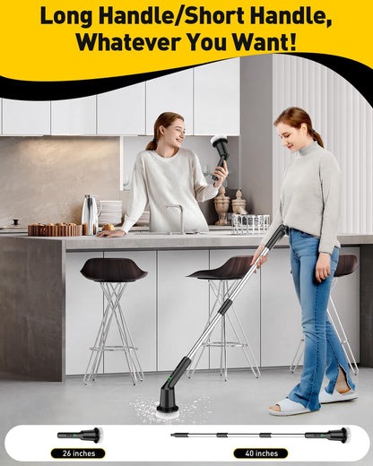 Shower Scrubber with Long Handle, Shower Cleaner Brush with 8 Floor Machine Pads, Cordless Electric Spin Scrubber for Cleaning with 2 Speed, Cleaning Supplies for Bathroom Bathtub Kitchen Floor Tile