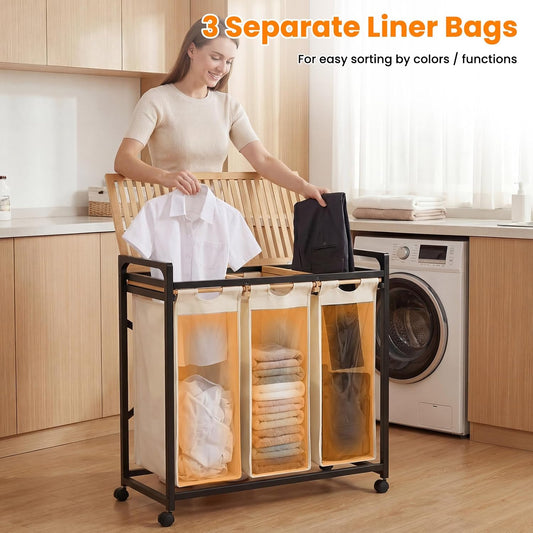 Bamboo Laundry Hamper 3 Section with Lid, 150L Laundry Sorter with Lockable Wheels, Pull-Out Removable Washable Bags, 3 × 12.5 Gal Divided Laundry Baskets for Laundry Room, Bathroom (White)