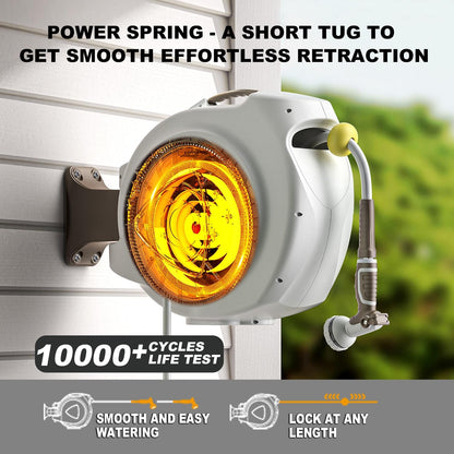 Retractable Garden Hose Reel, 5/8 in 65+6 ft, Heavy Duty Wall Mounted Water Hose Reel, Spring Power Automatic Rewind, Any Length Lock, 180° Swivel Bracket, 10 Pattern Spray Nozzle