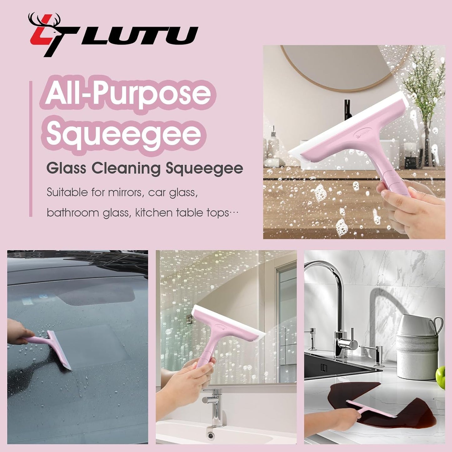 5" Silicone Shower Squeegee for Glass Doors & Car Windows - Small & Mini Size Streak-Free Cleaner, Bathroom, Mirror, Tile Scraper - Compact Pink with Hanging Hole, Kitchen Safe Water Blade