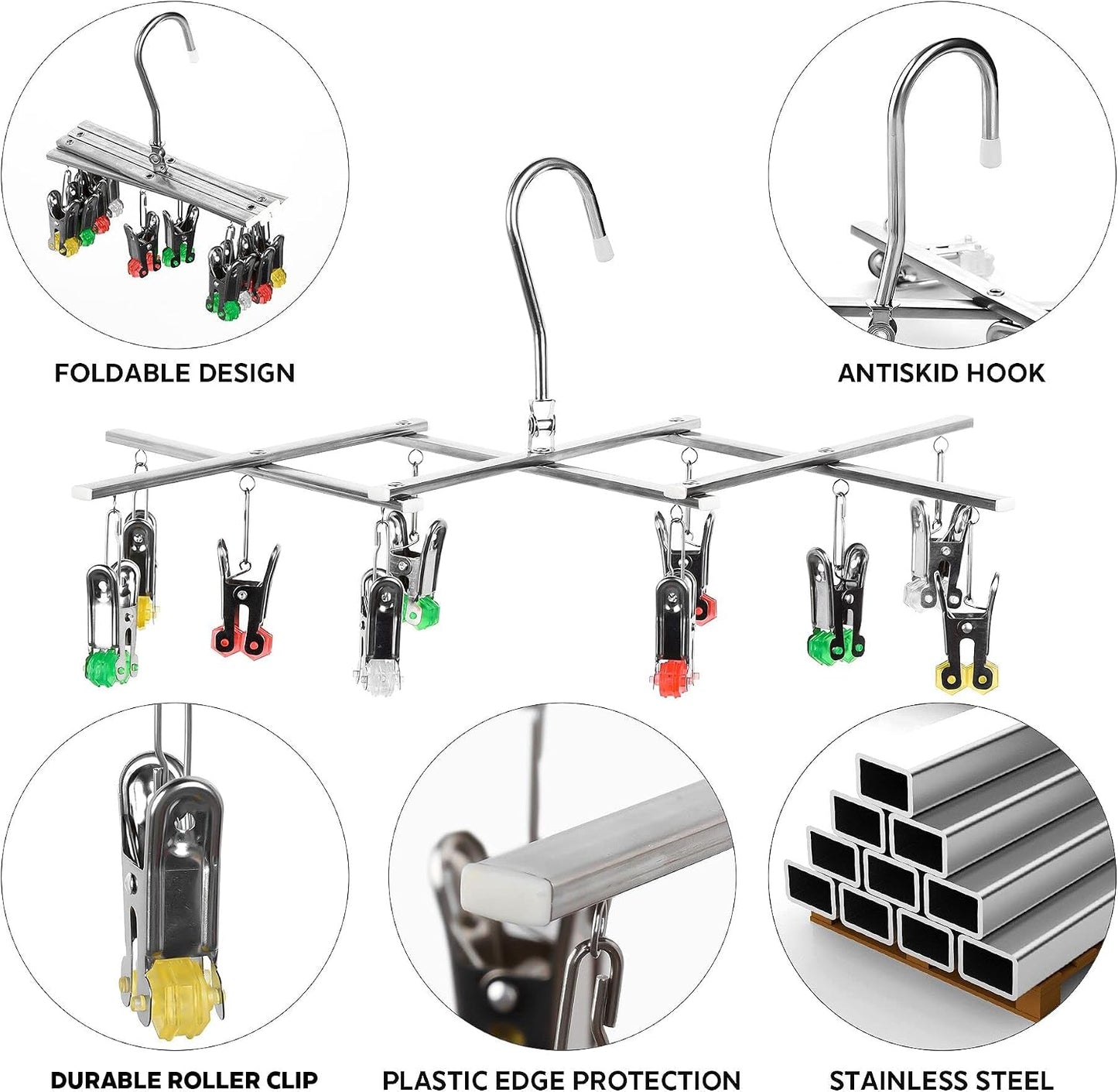 Drying Hanger, Hanging Drying Rack, Drip Hanger Stainless Steel with 10 Pegs for Laundry Underwear Socks, The Clips Release Quickly, Folding Portable