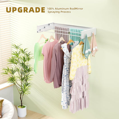 Wall Mounted Drying Rack 23.6'', Foldable Laundry Drying Rack Wall Mount with 4 Towel Hooks and 4 Rods, Space Saving Drying Rack Clothing for Indoor Outdoor Bathroom Balcony (White, 23.6'')