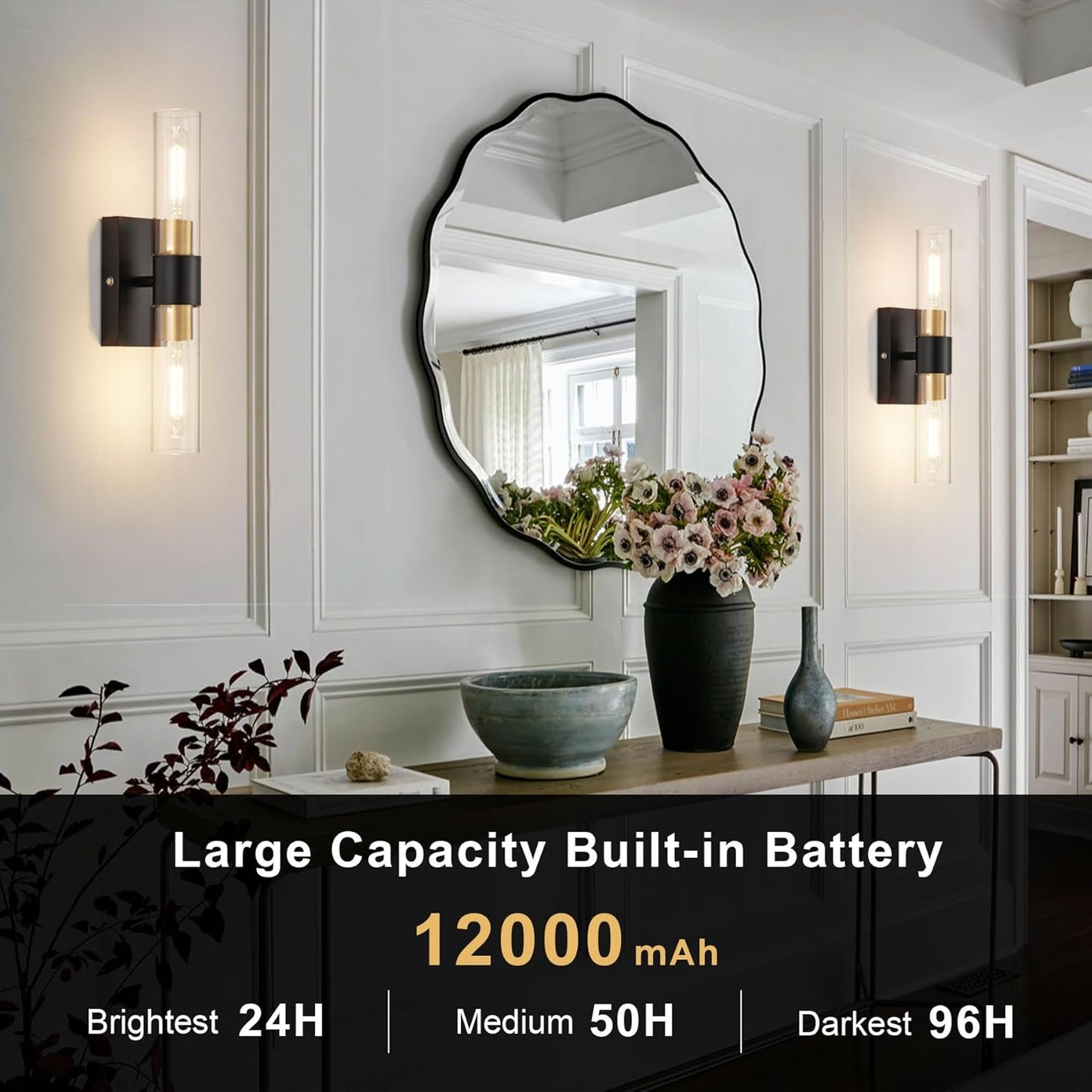 SANTOSTOCK Gold Battery Operated Wall Sconce Set of 2, 12000mAh Rechargeable Wall Lights with Remote Control, Wireless Dimmable Wall Lamps for Bedroom Living Room Bathroom Hallway Stairwell