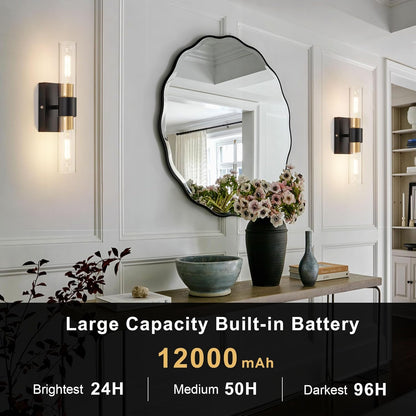 SANTOSTOCK Gold Battery Operated Wall Sconce Set of 2, 12000mAh Rechargeable Wall Lights with Remote Control, Wireless Dimmable Wall Lamps for Bedroom Living Room Bathroom Hallway Stairwell