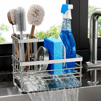 Cisily Sink Caddy Sponge Holder for Kitchen with Brush Holder and Stainless Steel Self Drain Tray, Rustproof Kitchen Sink Organizer for Sponge, Soap Dispenser Storage Accessories (Black)
