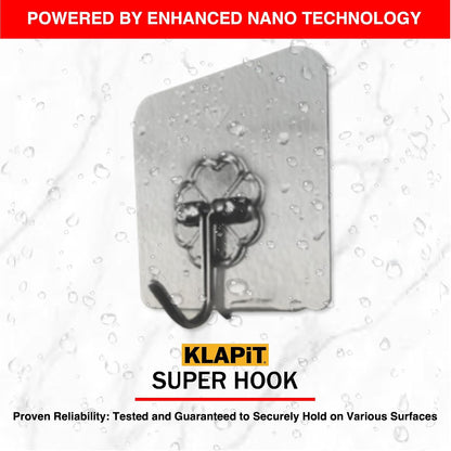 KLAPiT Super Hook - Heavy-Duty Adhesive Clear Wall Hooks Made of Stainless Steel, Holds up to 11 lbs, Waterproof, No Damage, Easy Install on Tile, Wood, Stone, Glass & Metal (Clear, 8pc)