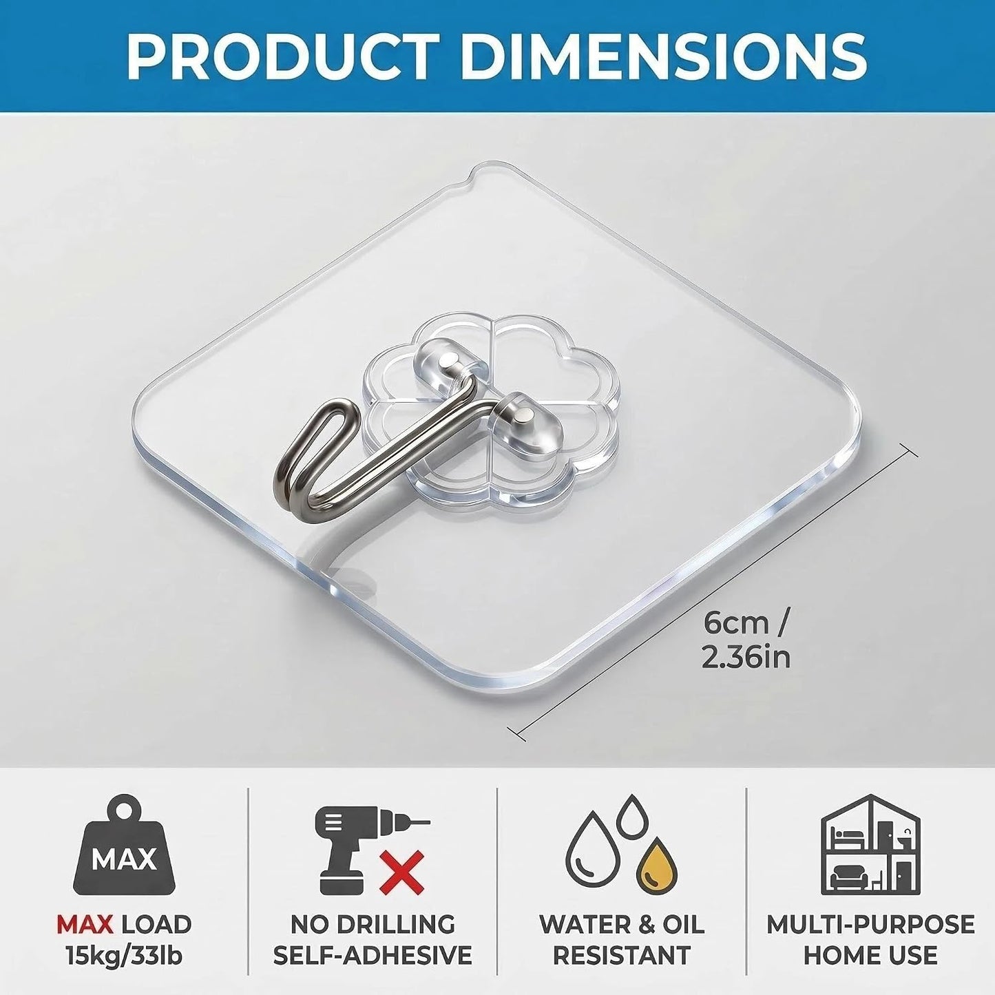 Wall Hooks - 33 lbs Max, Transparent, Seamless, Waterproof & Oilproof, Heavy Duty Adhesive Coat & Towel Hooks (10 Pack)