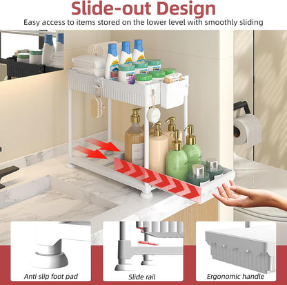 Sevenblue 4-Pack 2-Tier Under Sink Organizer with Pull Out Drawers | Multi-use kitchen & bathroom storage. Includes hanging hooks and cups. Black, space-saving cabinet design.