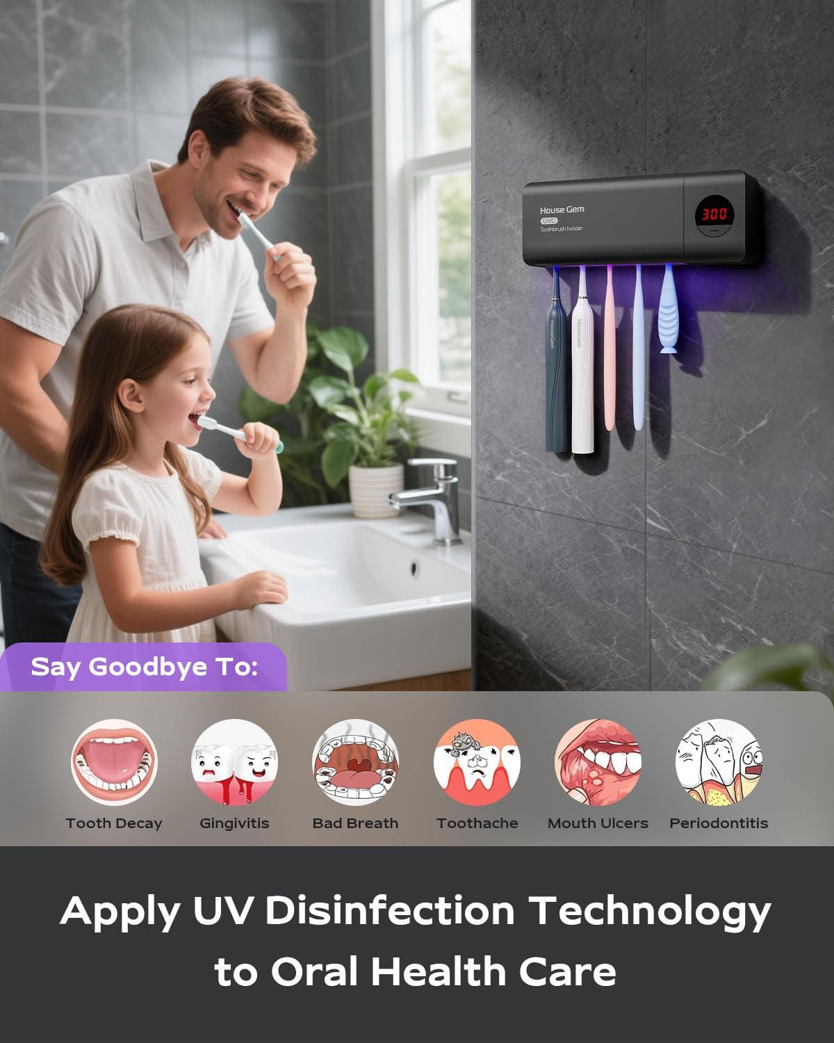 HouseGem Toothbrush Holder, Timer Function, 2000mAh Rechargeable Cordless Wall-Mounted Bathroom (White)